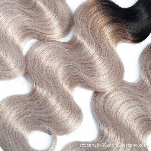 100% Brazilian Human Hair Bundles with Lace Closure  Ombre Color 100% Human Hair Extensions Body Wave  OT Silver Hair